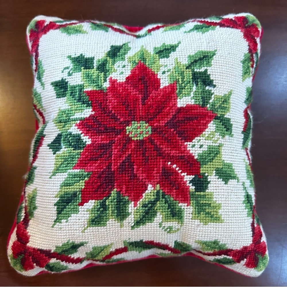 Needlepoint Christmas Poinsettia Pillow, 11x11